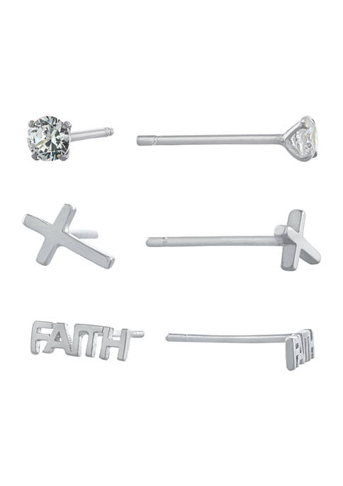 Sterling Silver Round Cubic Zirconia, Cross, and Faith Stud Trio Earring Set