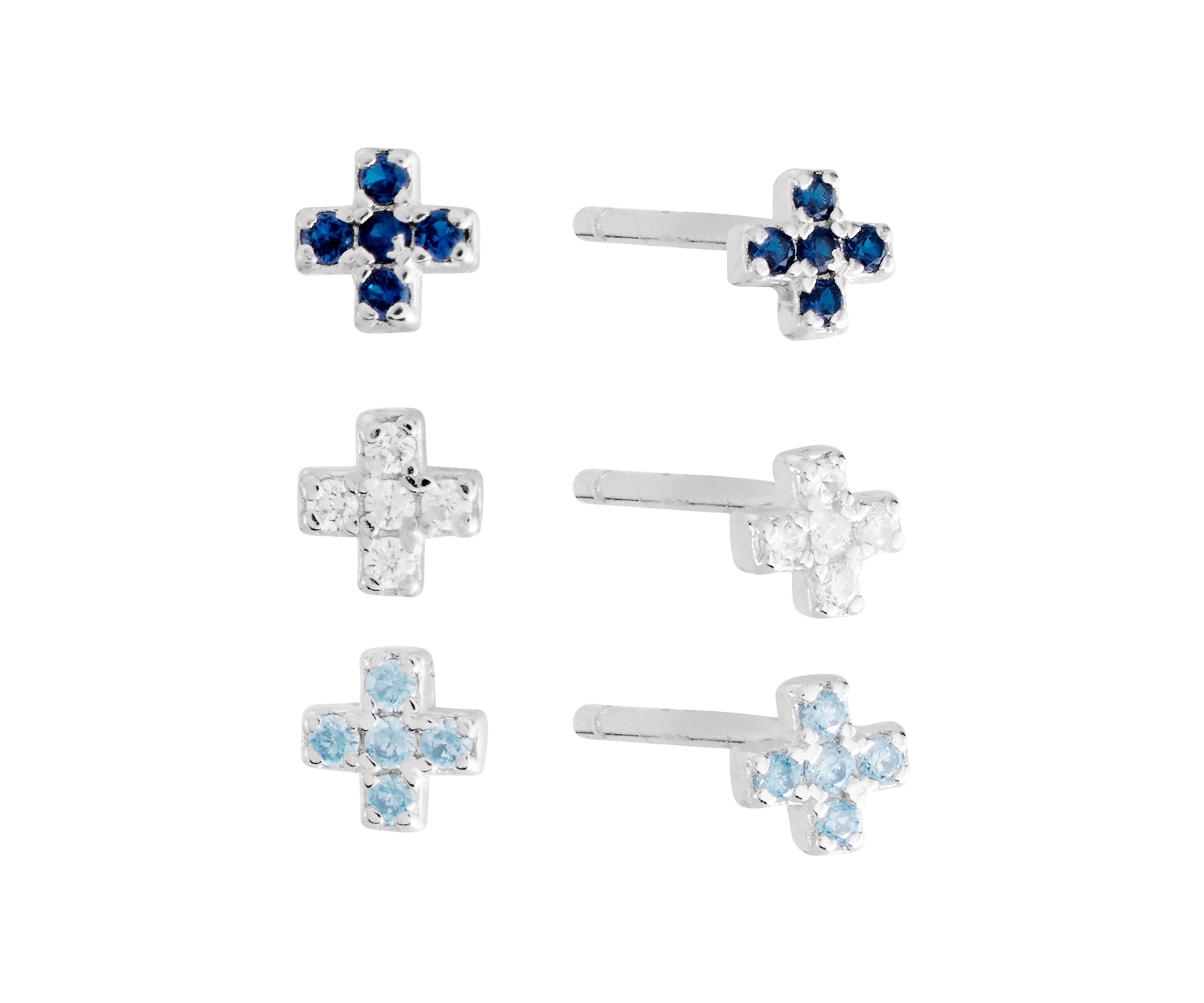 Sterling Silver Cubic Zirconia and Crystal X Trio Stud Earring Set
