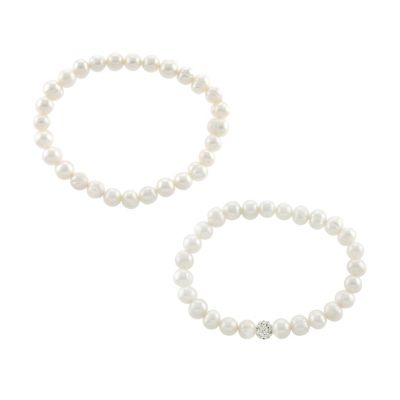 Belk Silverworks Sterling Silver 7mm Fresh Water Pearl and Crystal Ball Beaded 2pc Bracelet Set, 7 in