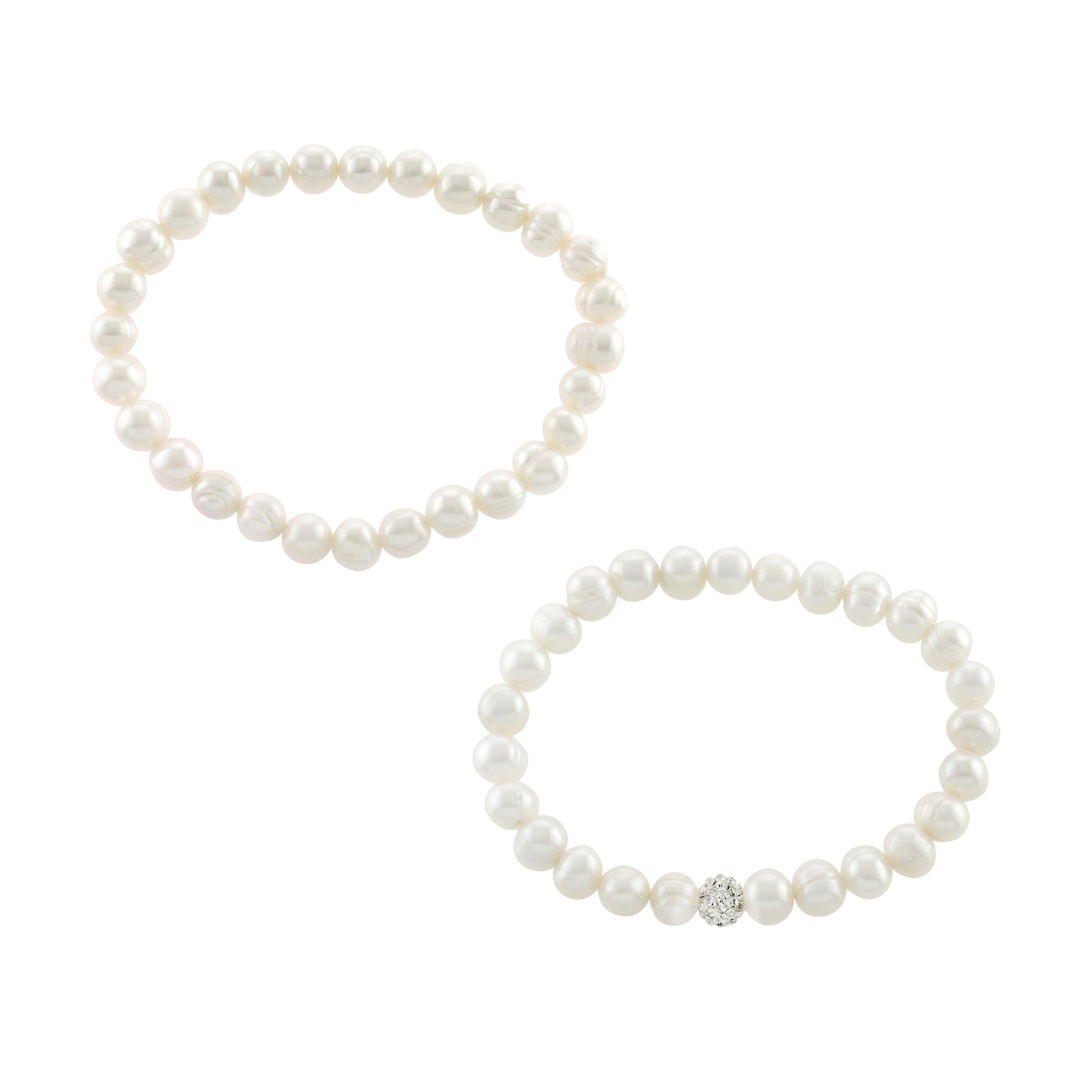 Sterling Silver 7mm Fresh Water Pearl and Crystal Ball Beaded 2pc Bracelet Set