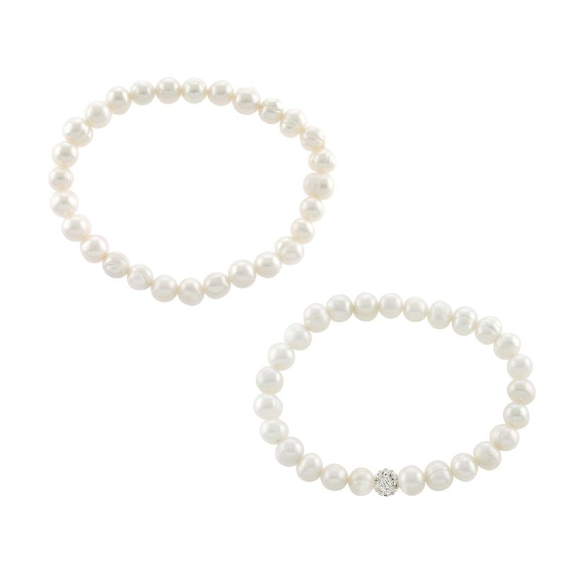 Sterling Silver 7mm Fresh Water Pearl and Crystal Ball Beaded 2pc Bracelet Set