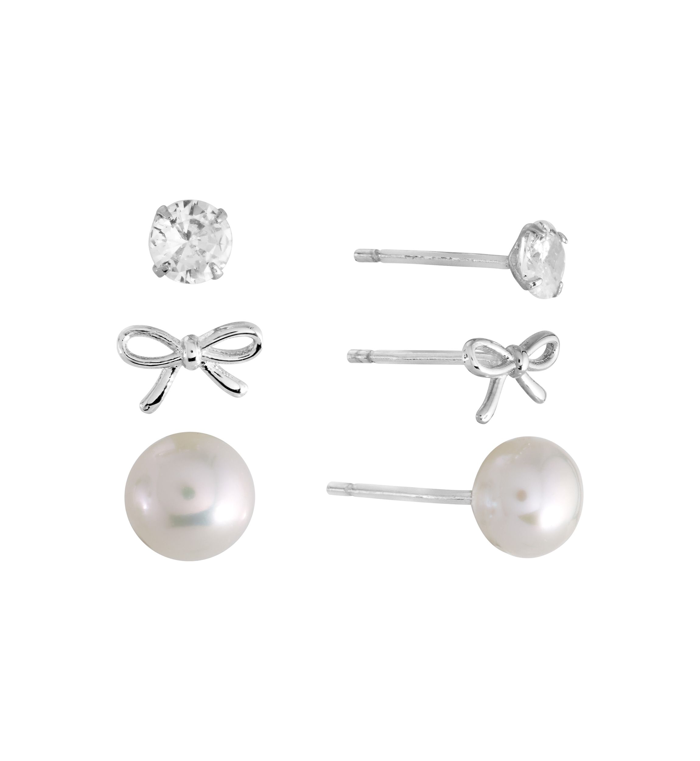 Sterling Silver Bow, 4mm Cubic Zirconia and 6mm Fresh Water Pearl Trio Stud Earring Set