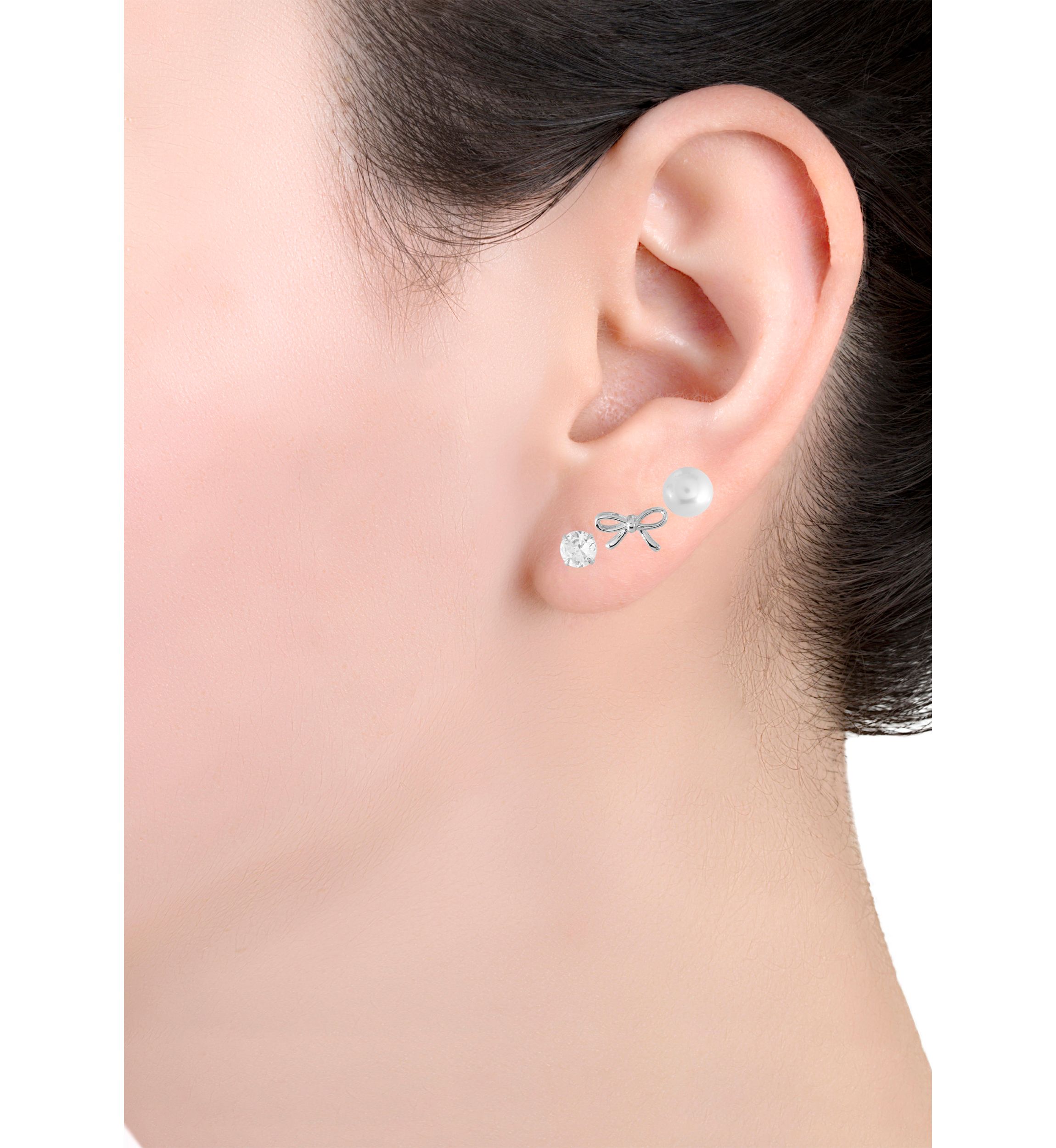 Sterling Silver Bow, 4mm Cubic Zirconia and 6mm Fresh Water Pearl Trio Stud Earring Set