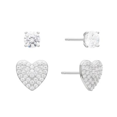 Belk Silverworks Sterling Silver Cubic Zirconia Pave Heart Stud and 4mm Round Stud Earring Set