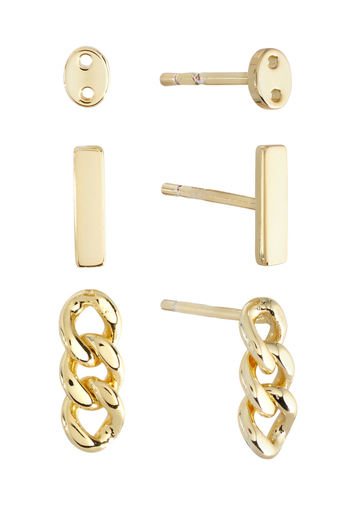  Button, Bar and Chain Trio Stud Earring Set