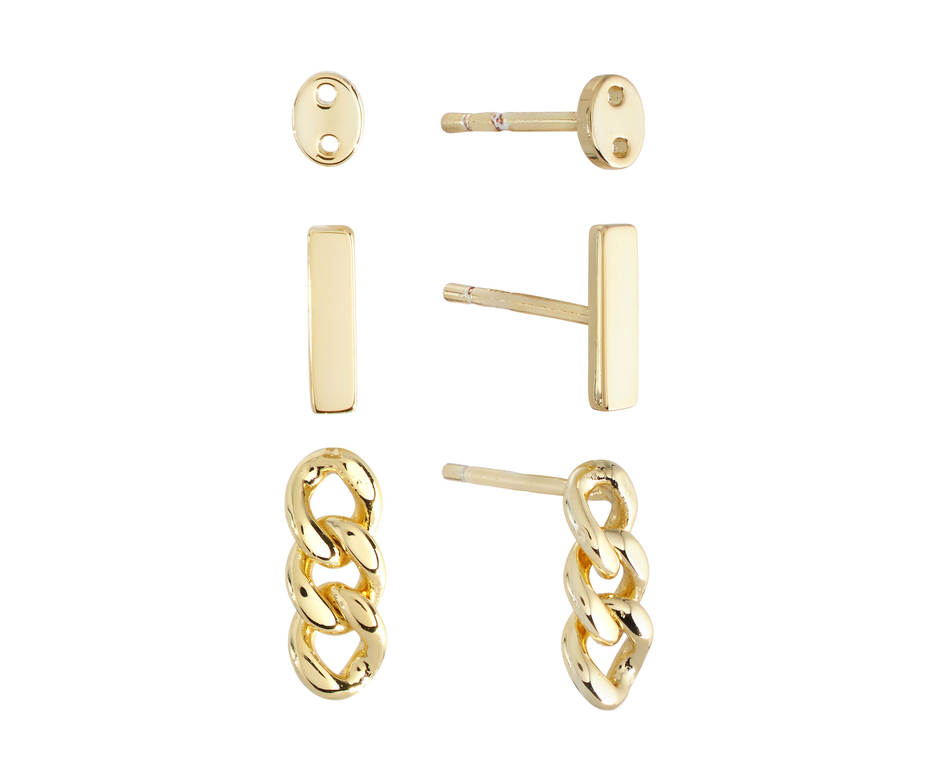  Button, Bar and Chain Trio Stud Earring Set