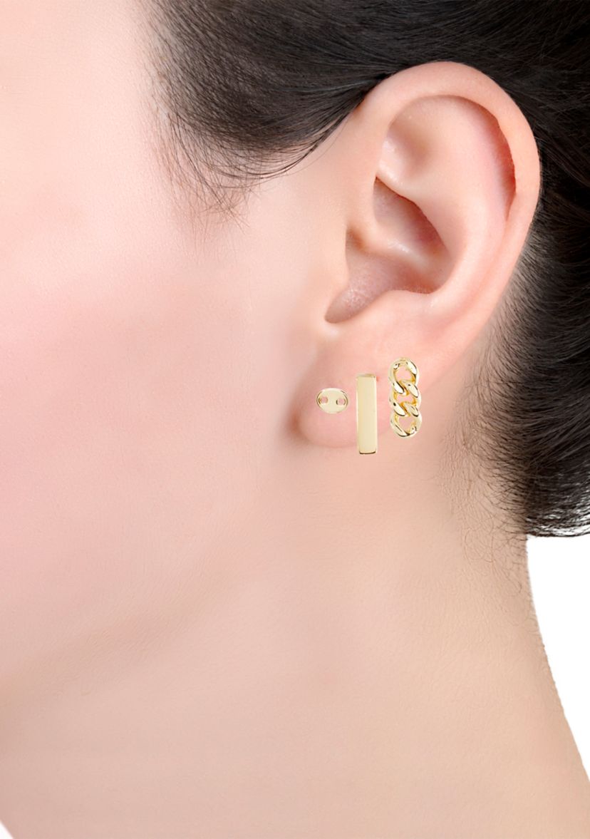  Button, Bar and Chain Trio Stud Earring Set