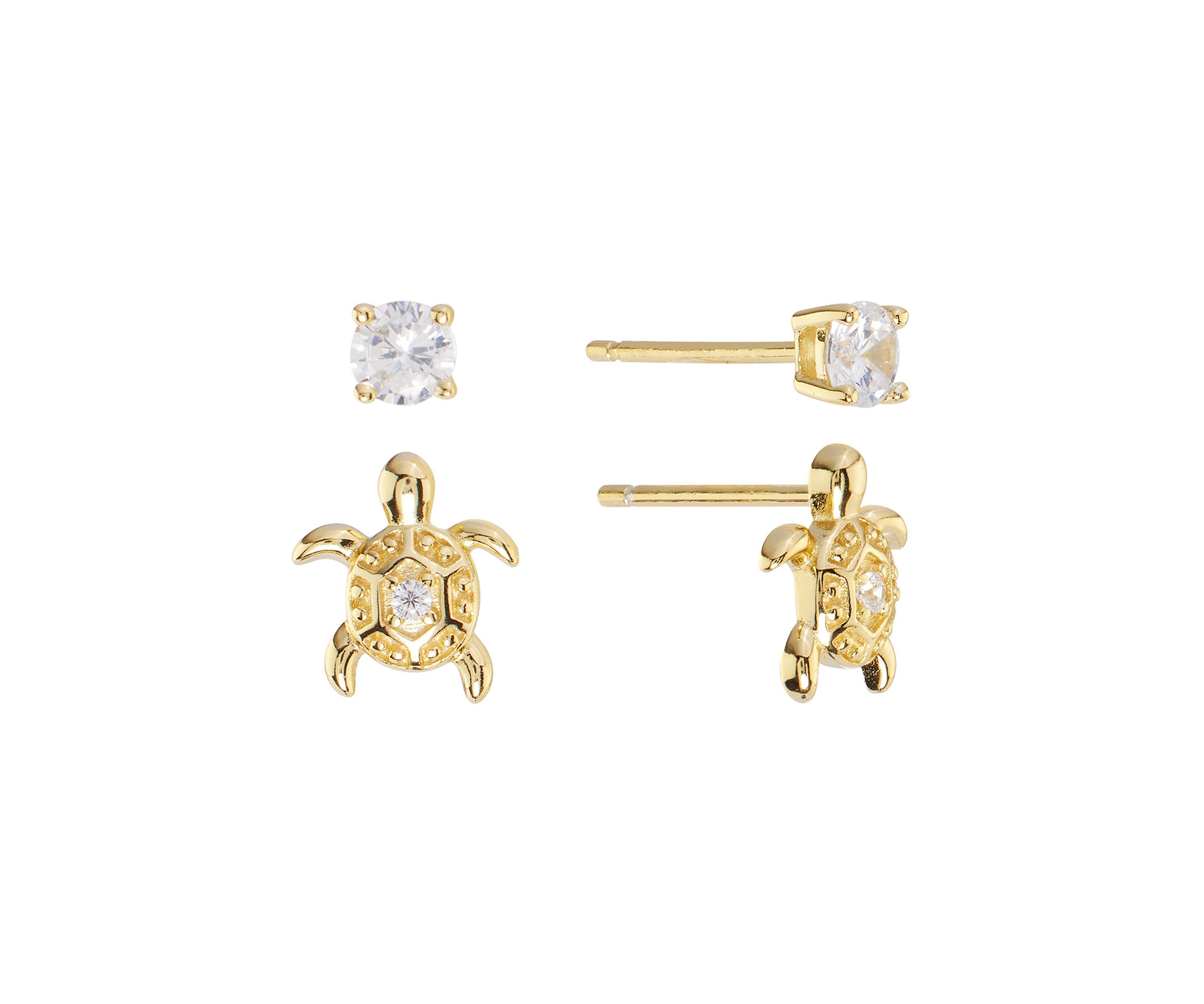 Gold Over Sterling Silver Cubic Zirconia Turtle and Round Duo Stud Earring Set