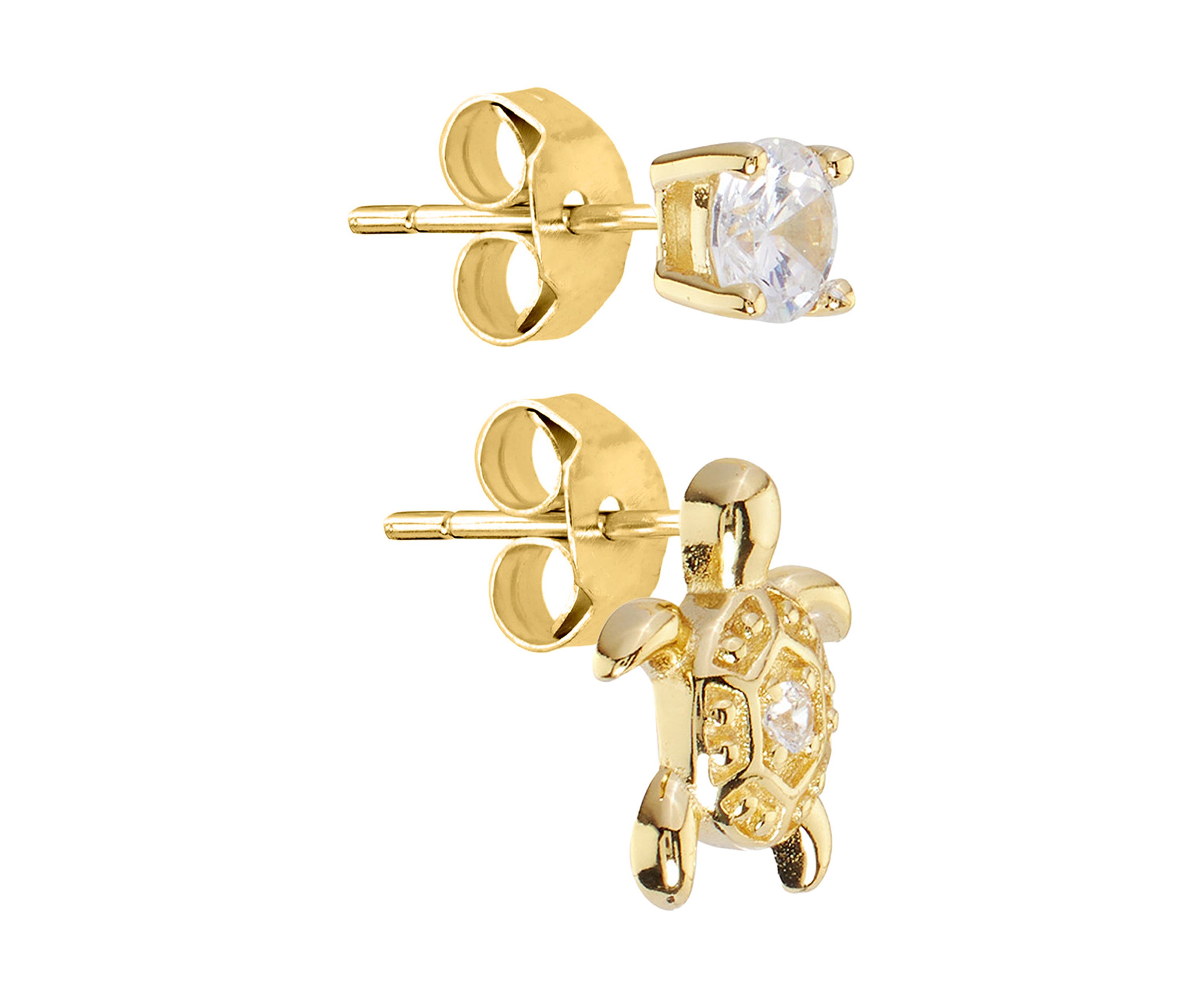 Gold Over Sterling Silver Cubic Zirconia Turtle and Round Duo Stud Earring Set