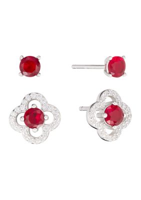 Belk Sterling Silver Sterling Silver Red Crystal 4mm Stud and Clover Earring Set