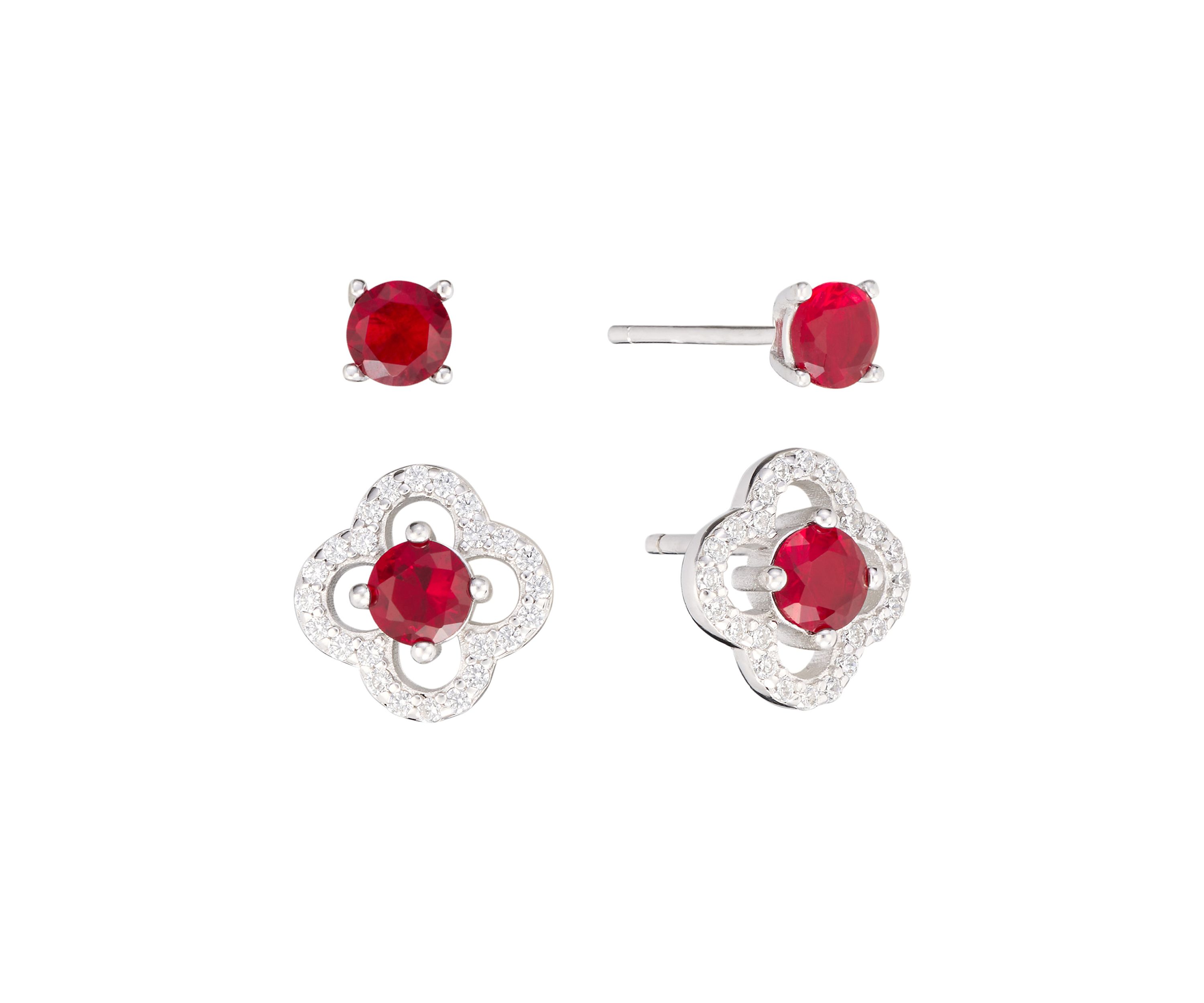 Sterling Silver Red Crystal 4mm Stud and Clover Earring Set