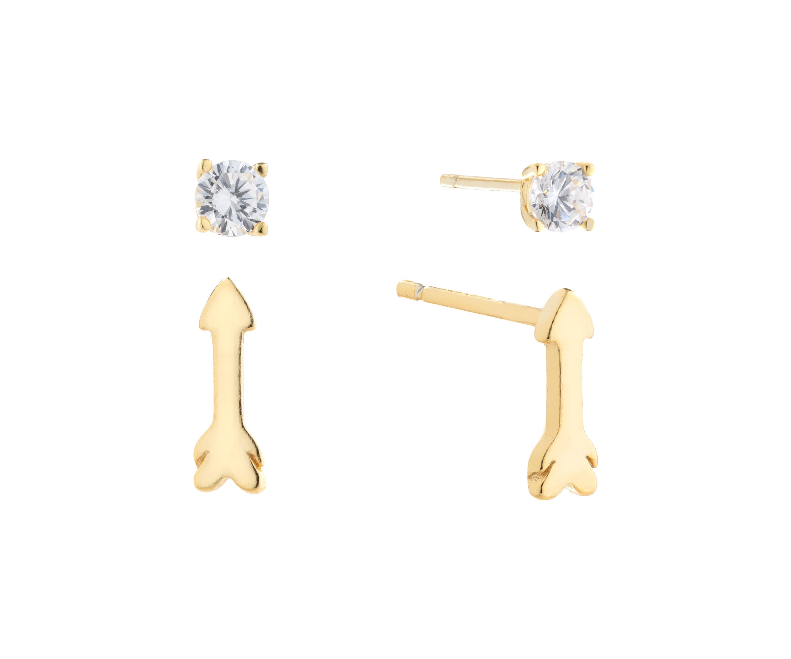 Gold Over Sterling Silver Arrow and 4mm Cubic Zirconia Stud Duo Earring Set