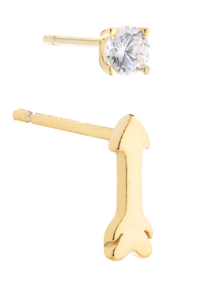Gold Over Sterling Silver Arrow and 4mm Cubic Zirconia Stud Duo Earring Set
