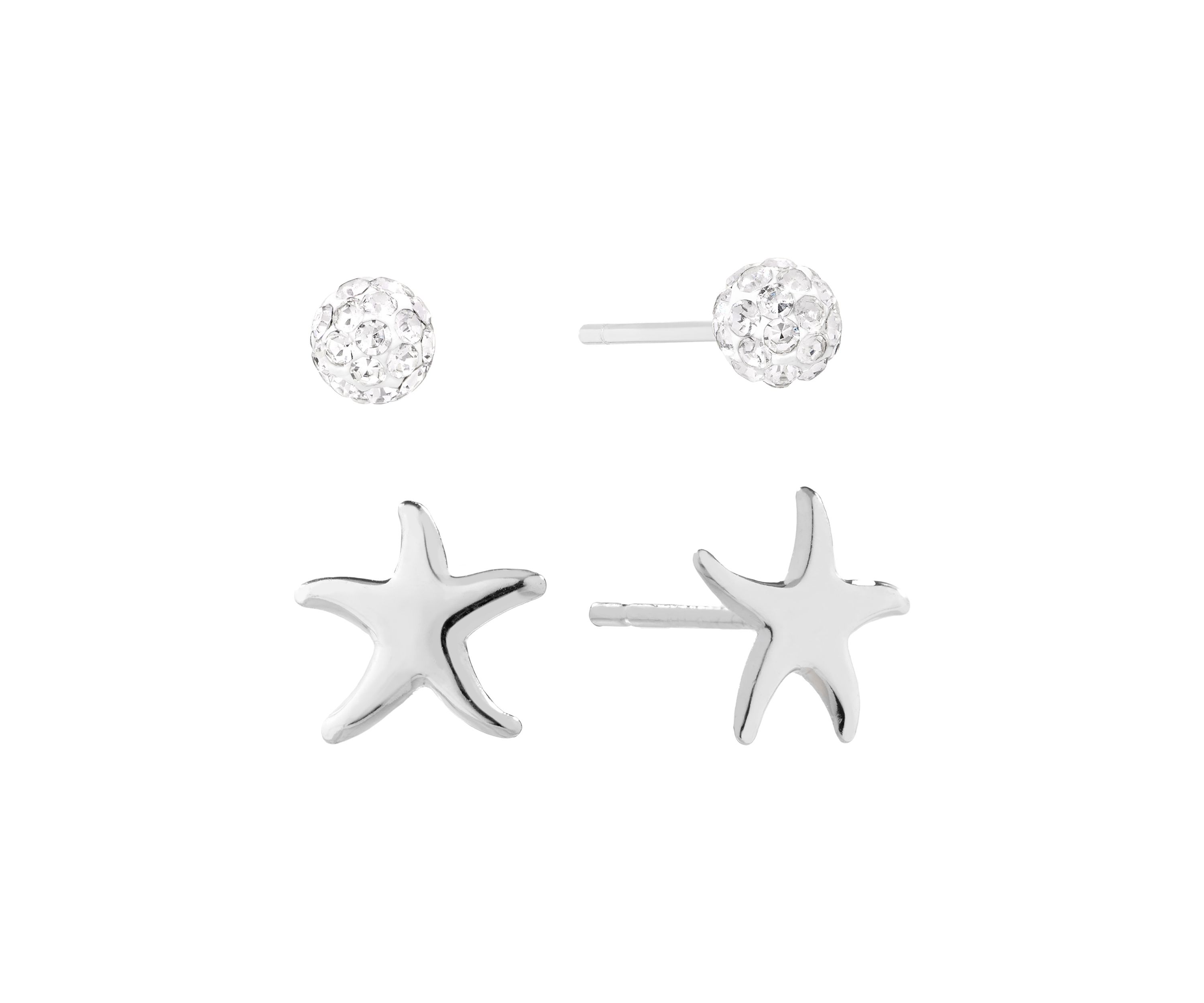 Sterling Silver Starfish and 4 Millimeter Crystal Fireball Stud Duo Earring Set
