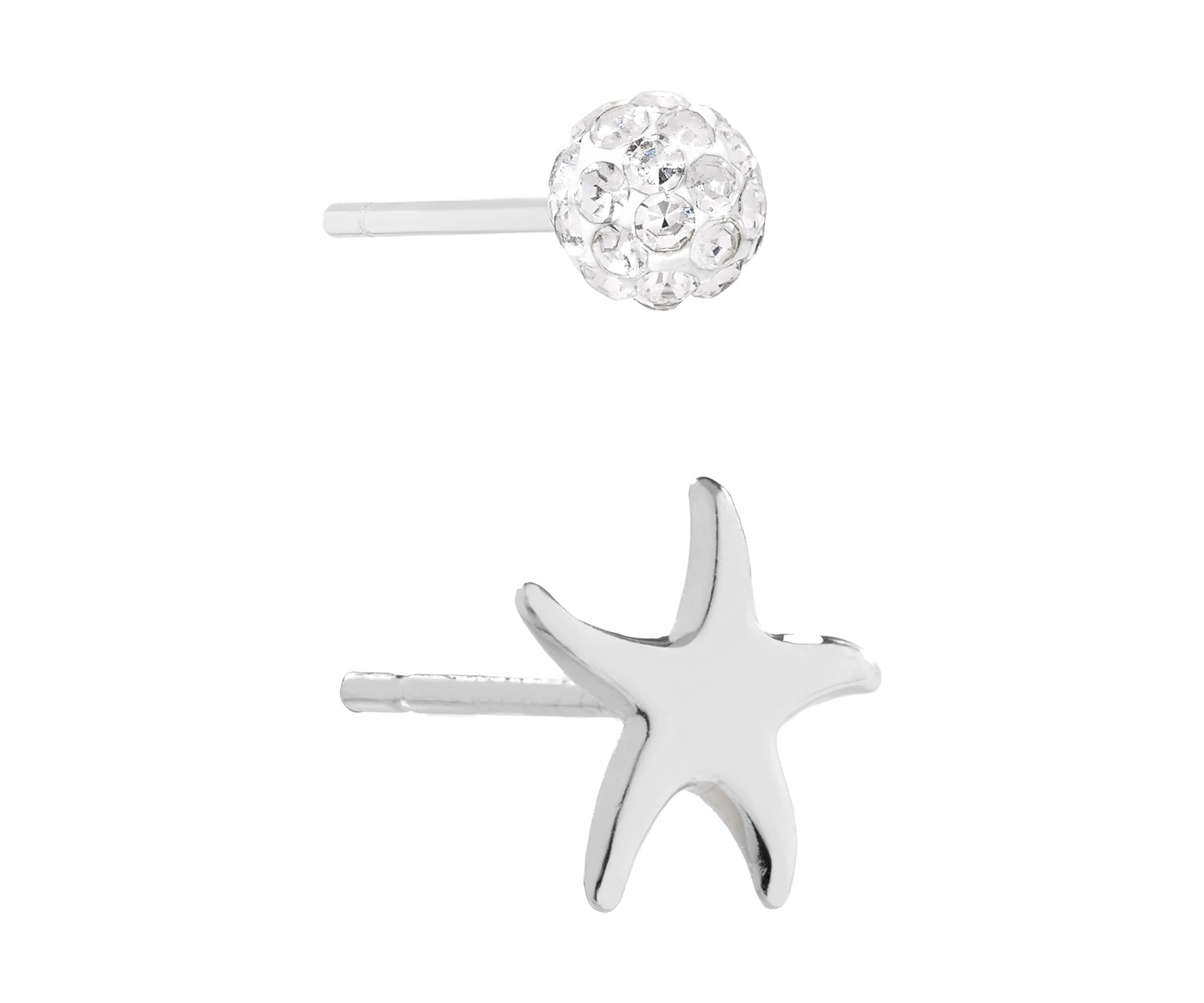 Sterling Silver Starfish and 4 Millimeter Crystal Fireball Stud Duo Earring Set