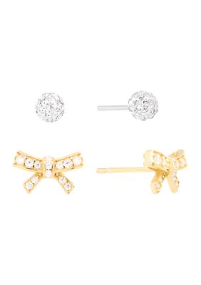 Belk Sterling Silver Gold Over Sterling Silver Cubic Zirconia Bow and 4mm Crystal Fireball Stud Duo Earring Set