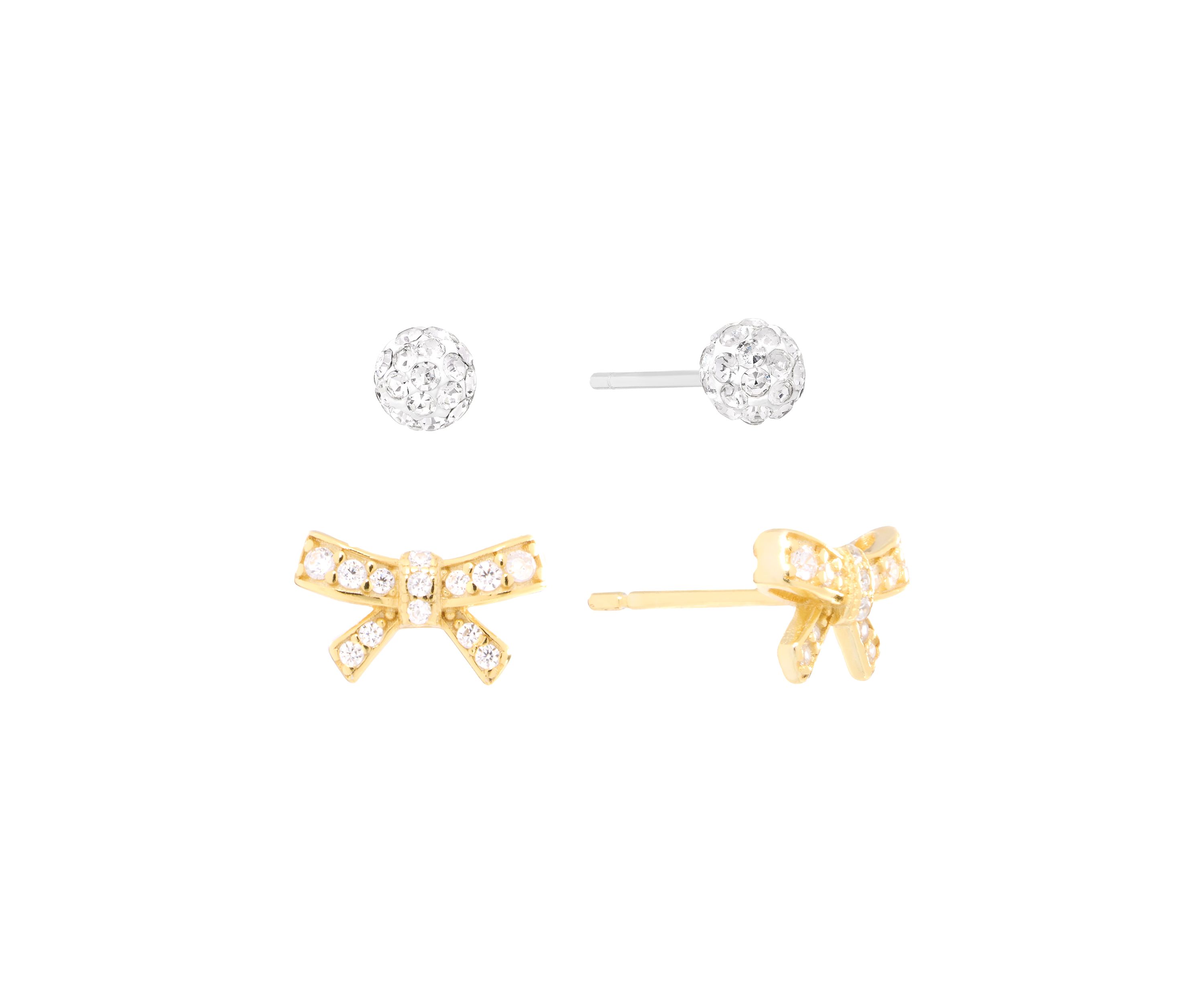 Gold Over Sterling Silver Cubic Zirconia Bow and 4mm Crystal Fireball Stud Duo Earring Set