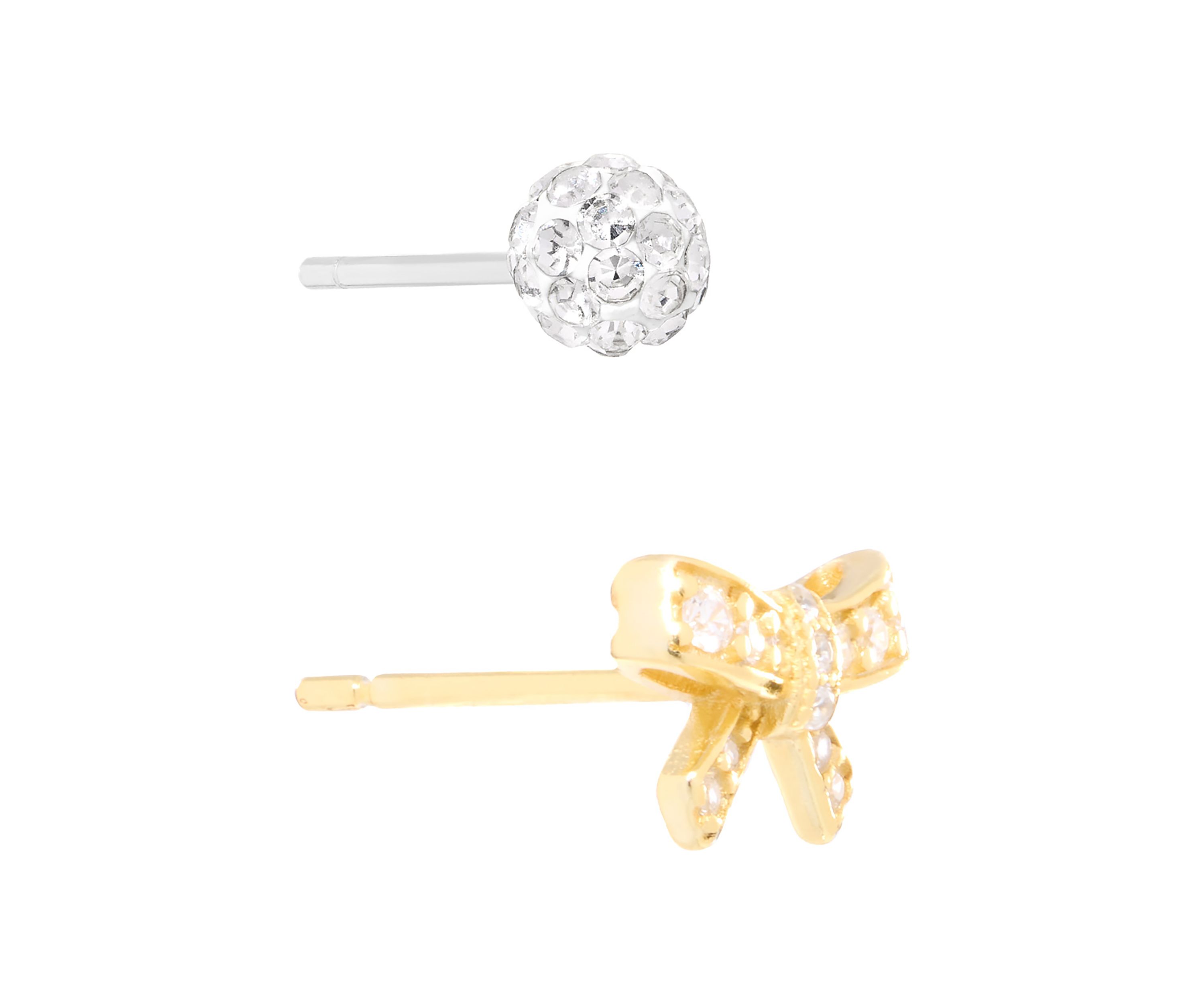 Gold Over Sterling Silver Cubic Zirconia Bow and 4mm Crystal Fireball Stud Duo Earring Set