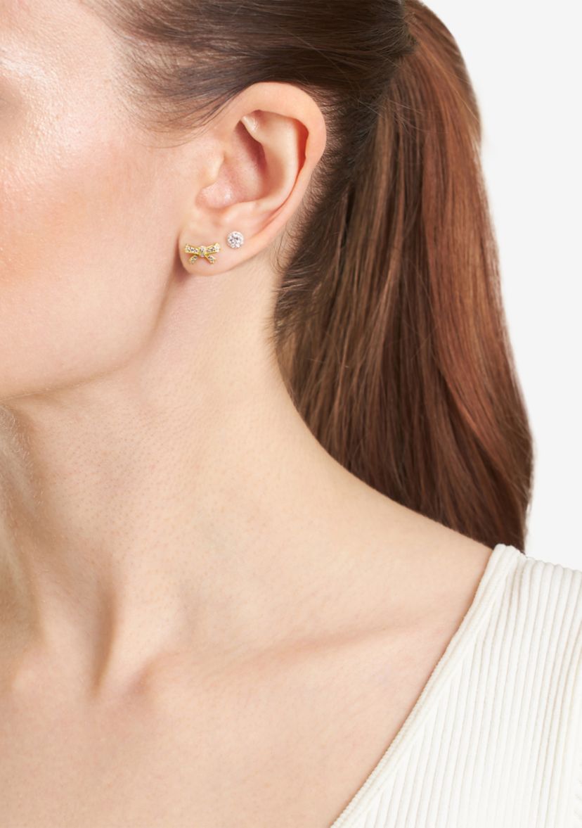 Gold Over Sterling Silver Cubic Zirconia Bow and 4mm Crystal Fireball Stud Duo Earring Set