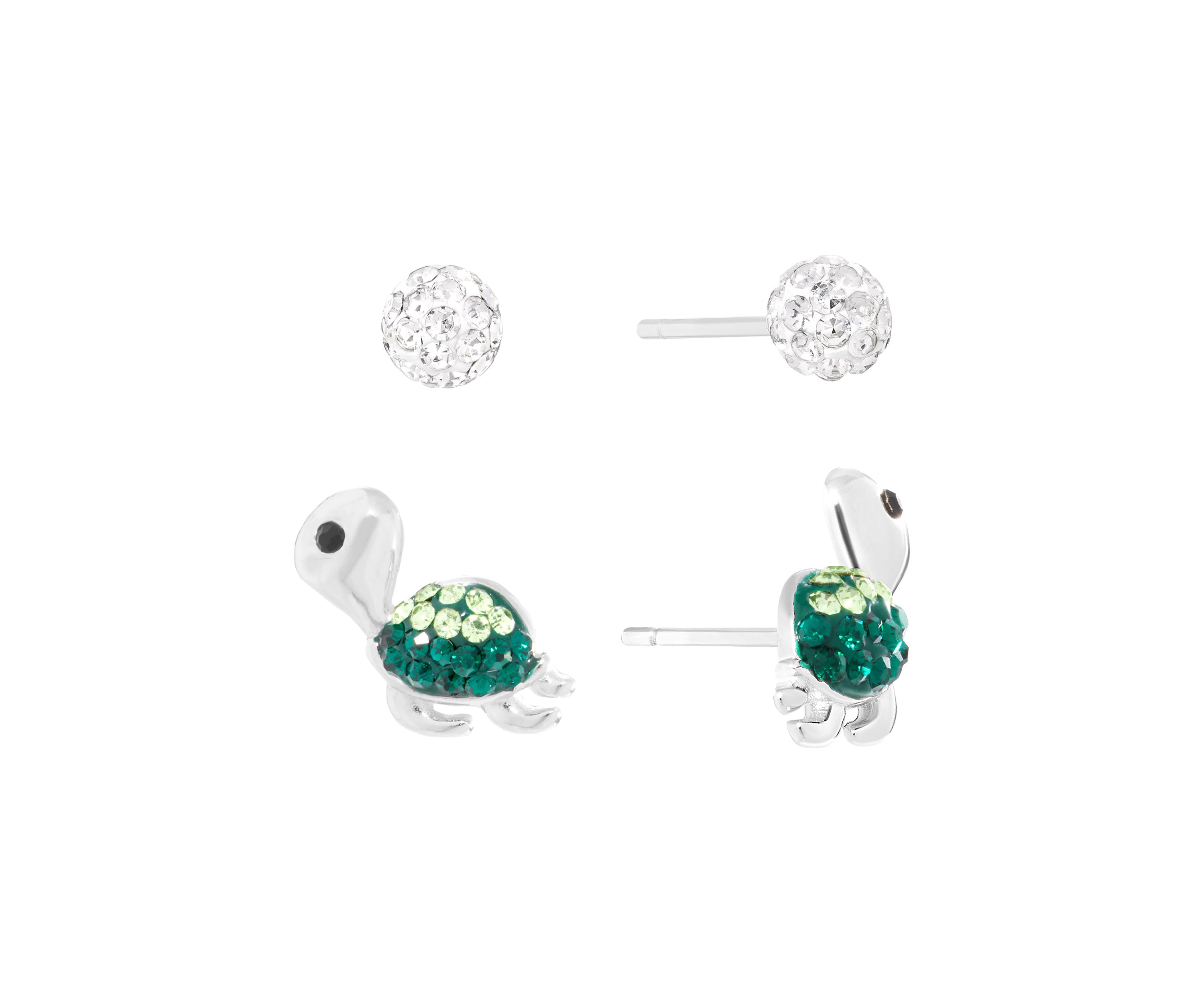 Sterling Silver Crystal Turtle and 4mm Fireball Stud Duo Earring Set