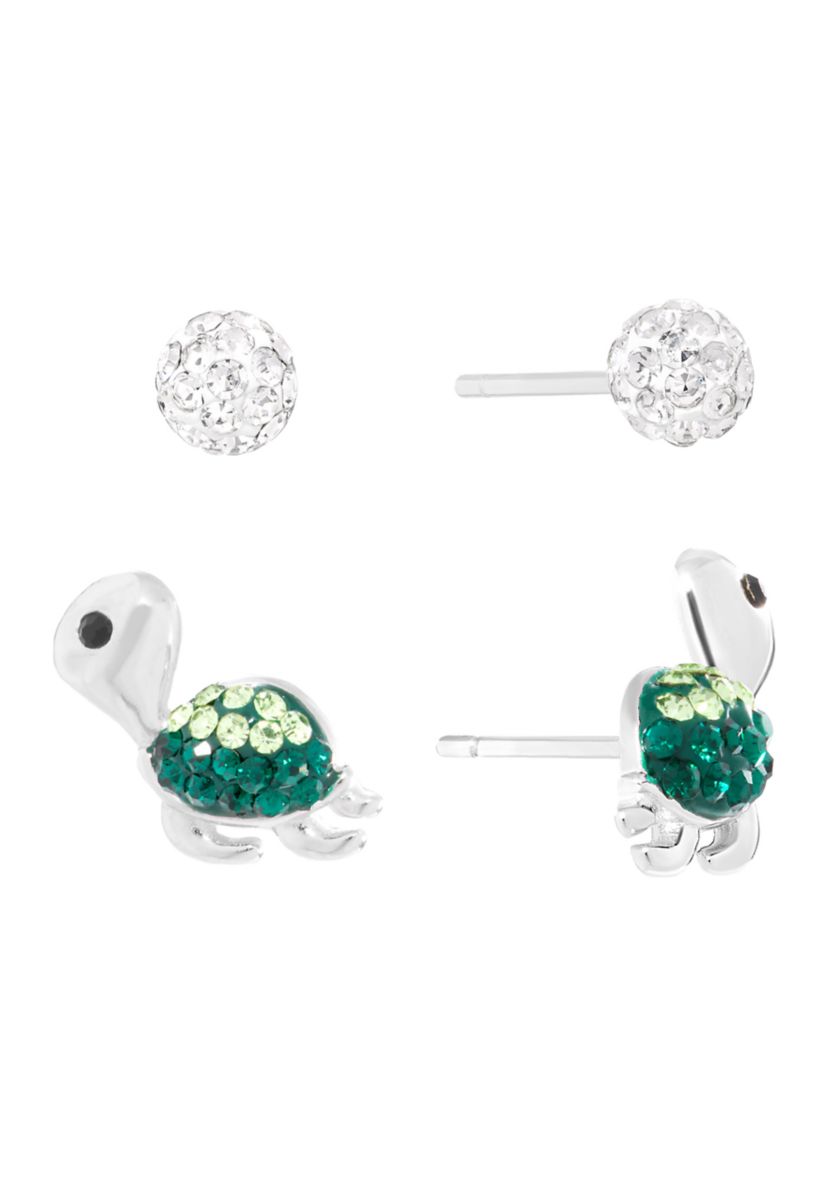Sterling Silver Crystal Turtle and 4mm Fireball Stud Duo Earring Set