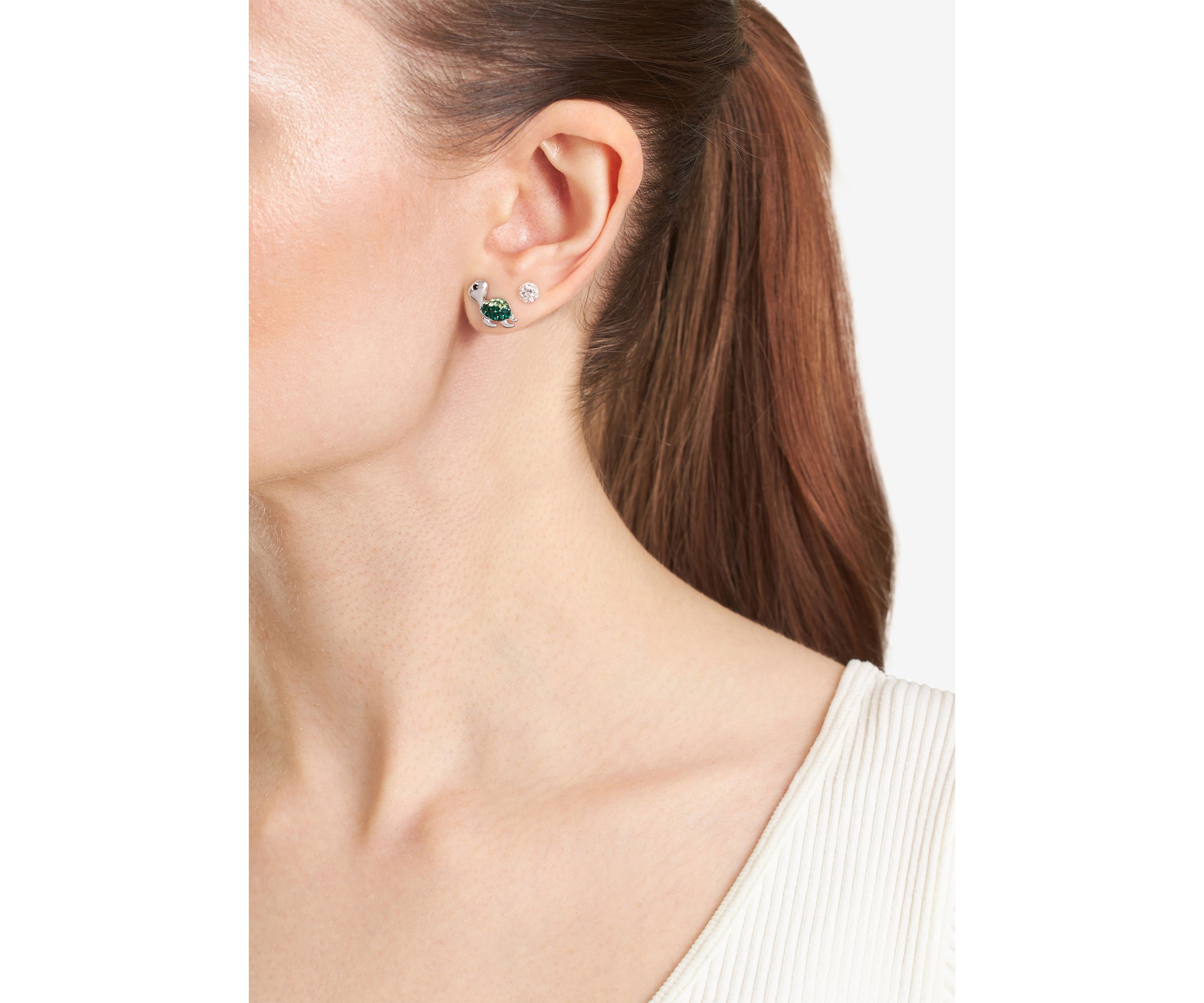 Sterling Silver Crystal Turtle and 4mm Fireball Stud Duo Earring Set