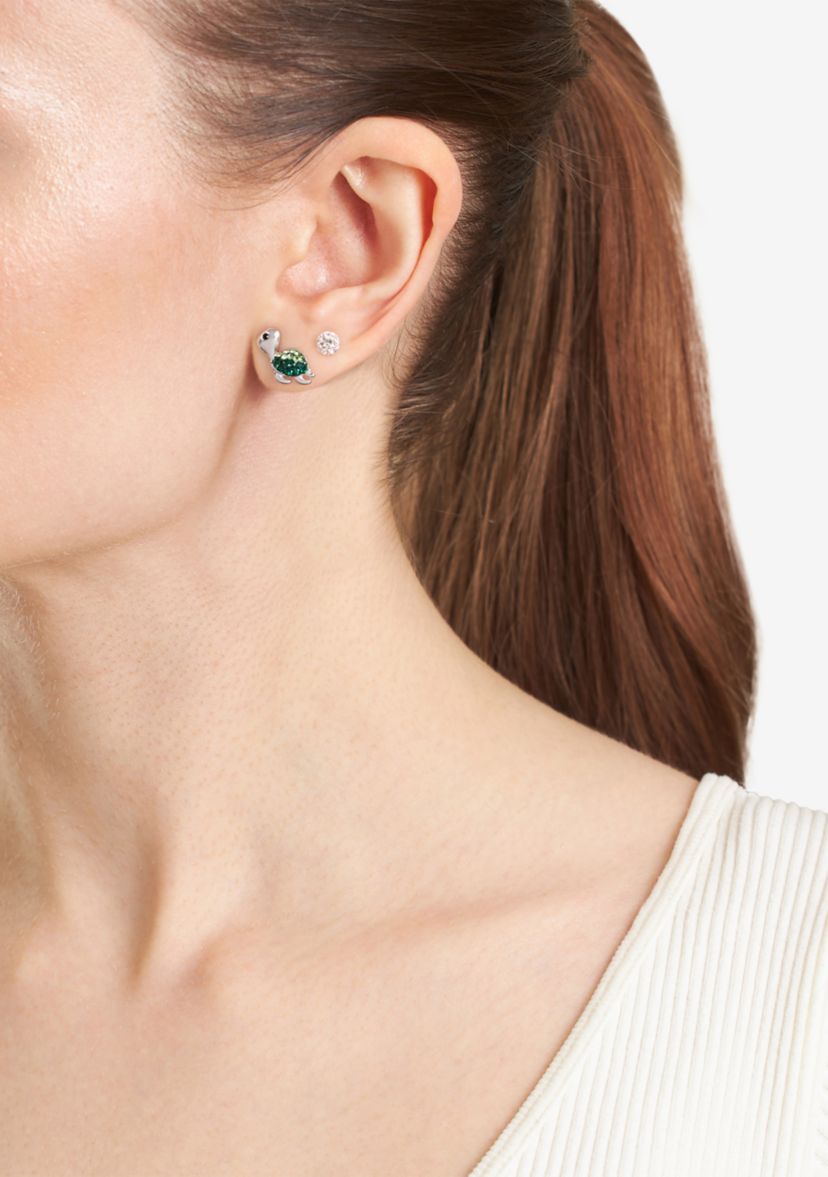 Sterling Silver Crystal Turtle and 4mm Fireball Stud Duo Earring Set