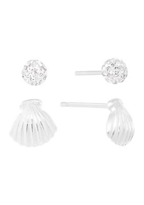 Belk Sterling Silver Sterling Silver Crystal Seashell and 4mm Fireball Stud Duo Earring Set
