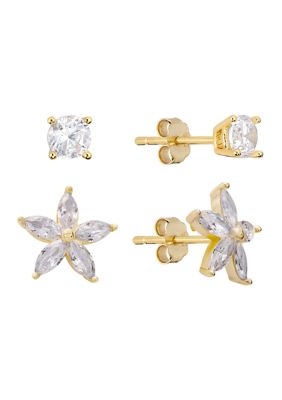 Belk Silverworks Cubic Zirconia and Flower Duo Stud Earring Set, Gold