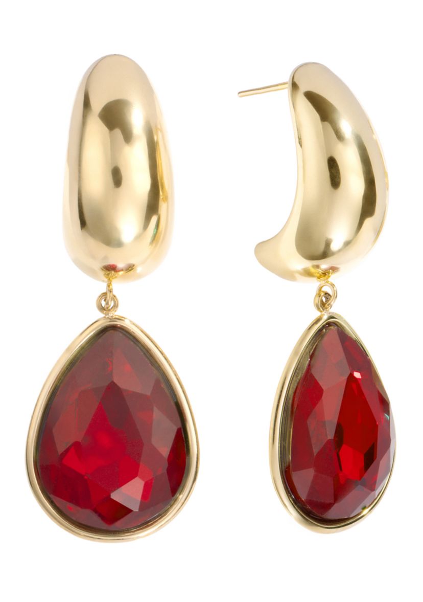 Gold Over Stainless Steel Crystal Faceted Teardrop Half Hoop Earrings