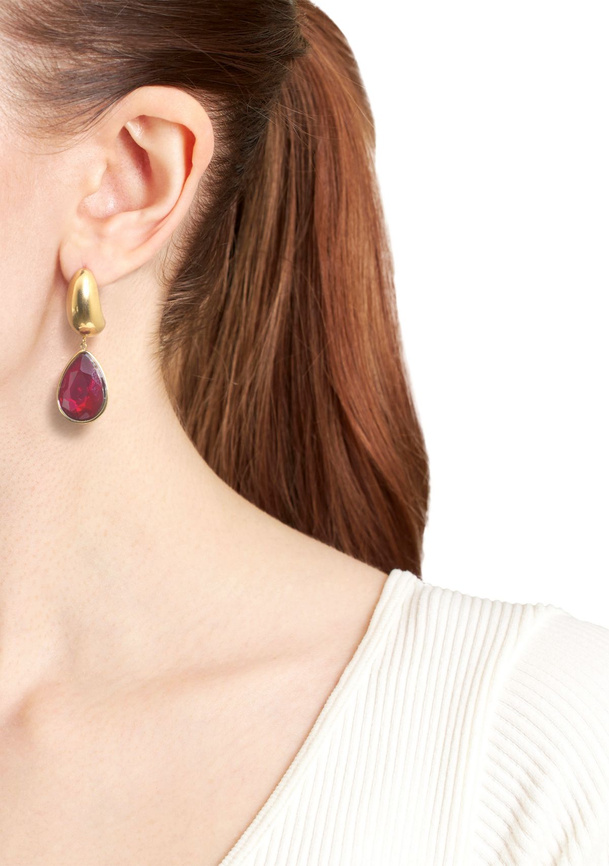 Gold Over Stainless Steel Crystal Faceted Teardrop Half Hoop Earrings