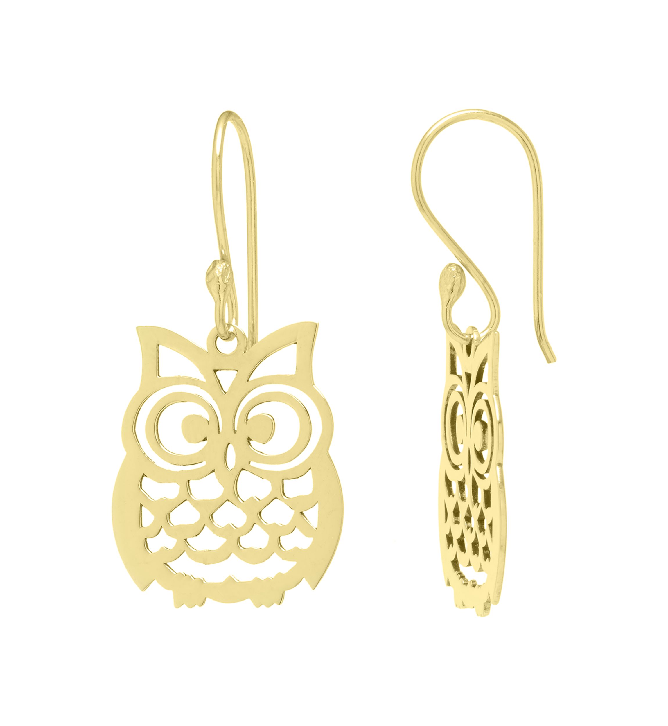 Yellow Gold Over Sterling Silver Laser Cut Owl Drop Earrings