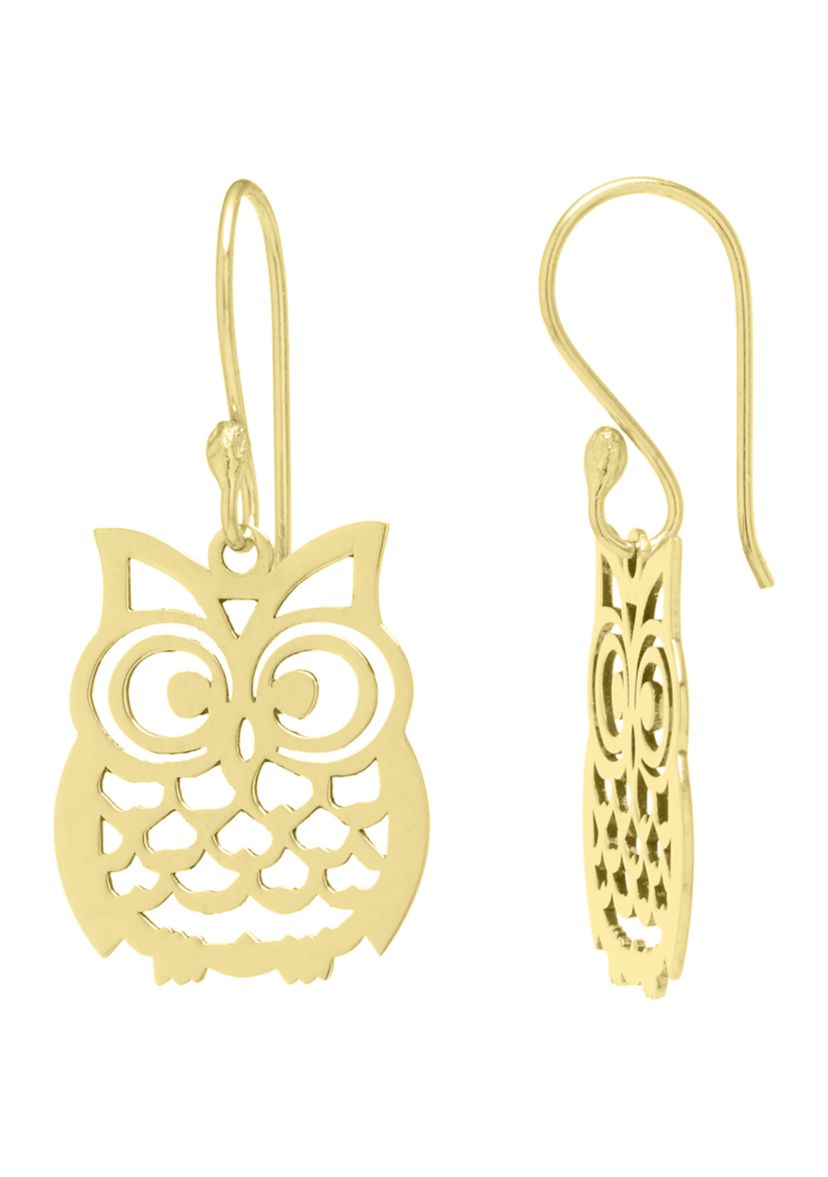 Yellow Gold Over Sterling Silver Laser Cut Owl Drop Earrings