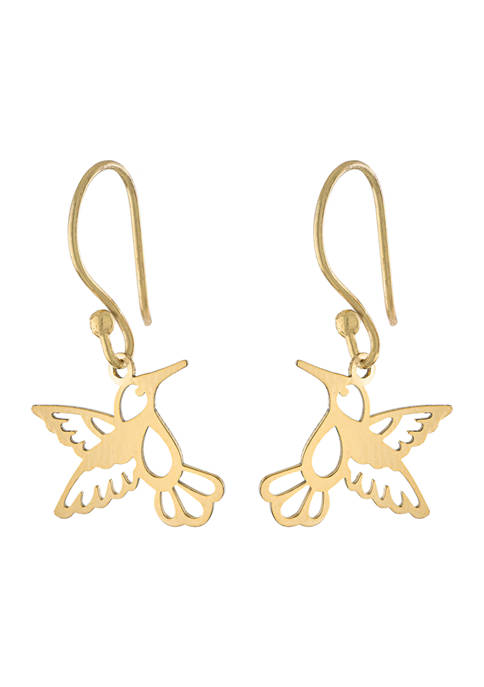 Yellow Gold Over Sterling Silver Laser Cut Hummingbird Drop Earrings