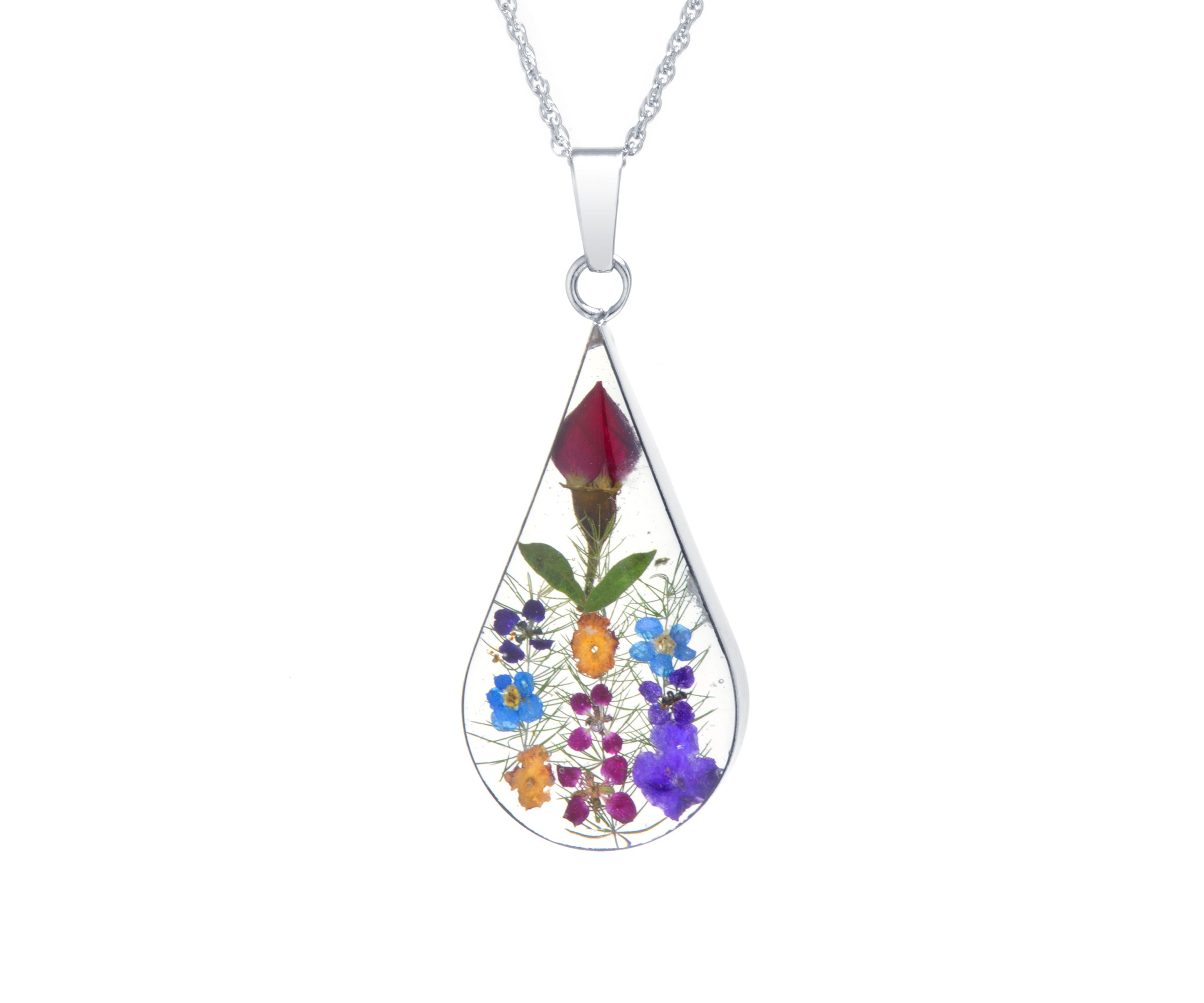 Sterling Silver Multi Color Dried Flower Teardrop Pendant