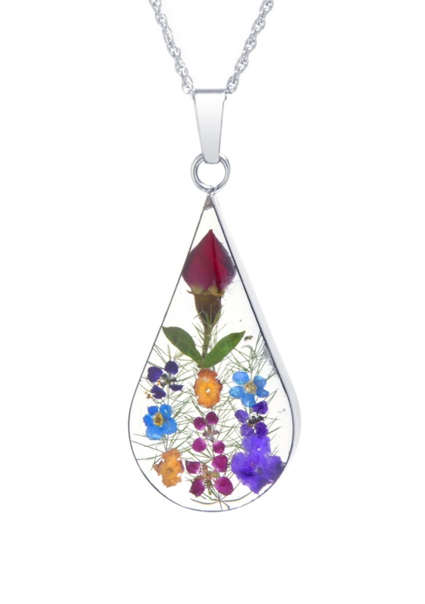 Sterling Silver Multi Color Dried Flower Teardrop Pendant