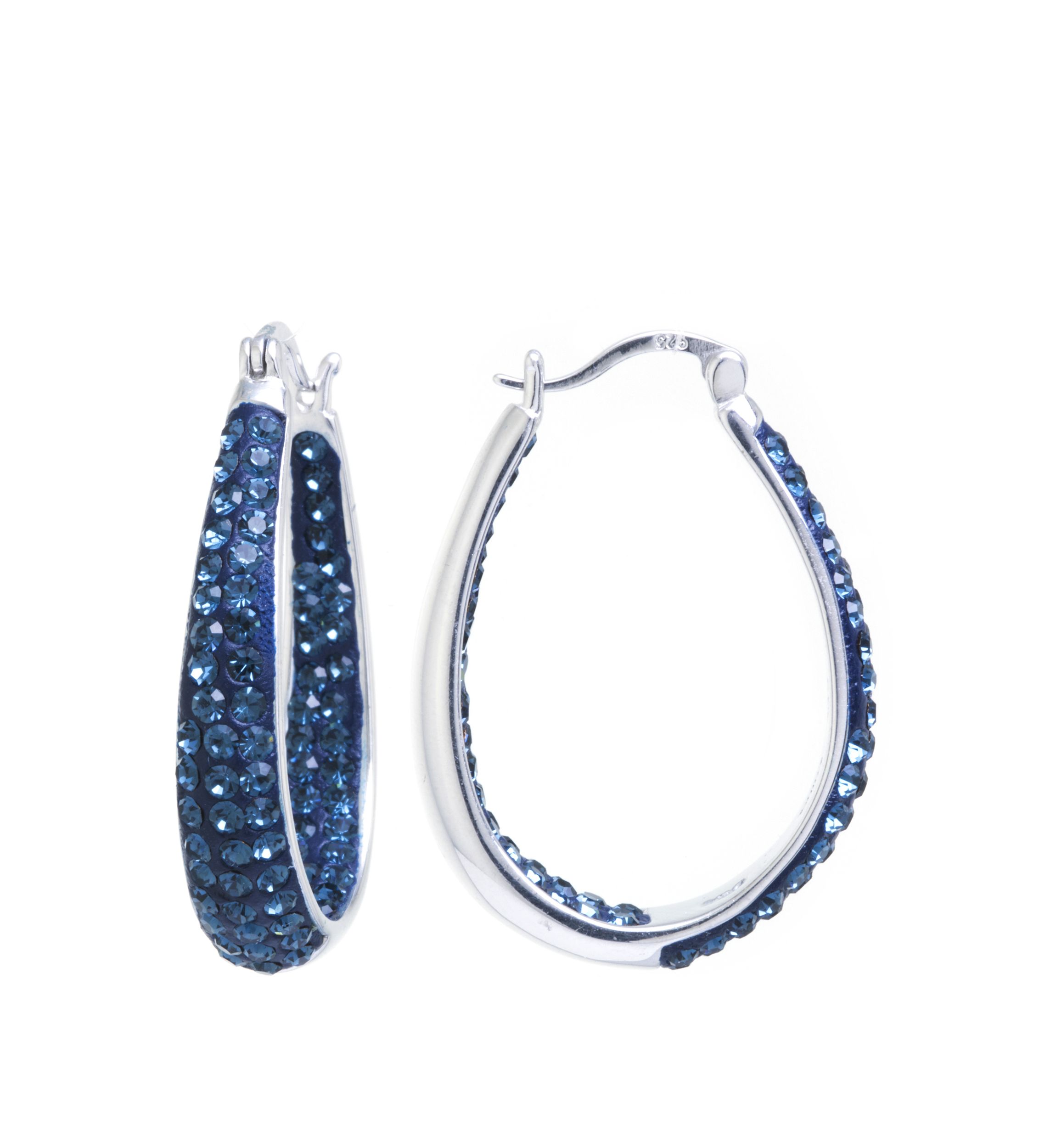 Sterling Silver Dark Blue Crystal Oval Clicktop Hoop Earrings