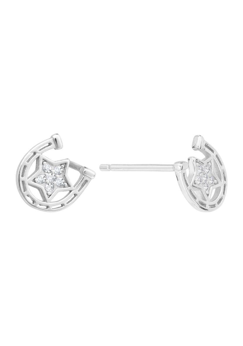 Sterling Silver 8 Millimeter Horseshoe with Cubic Zirconia Star Stud Earrings