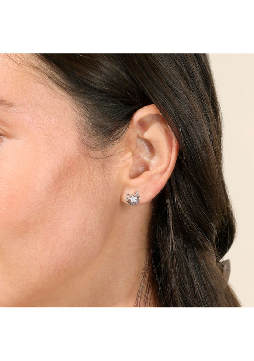Sterling Silver 8 Millimeter Horseshoe with Cubic Zirconia Star Stud Earrings