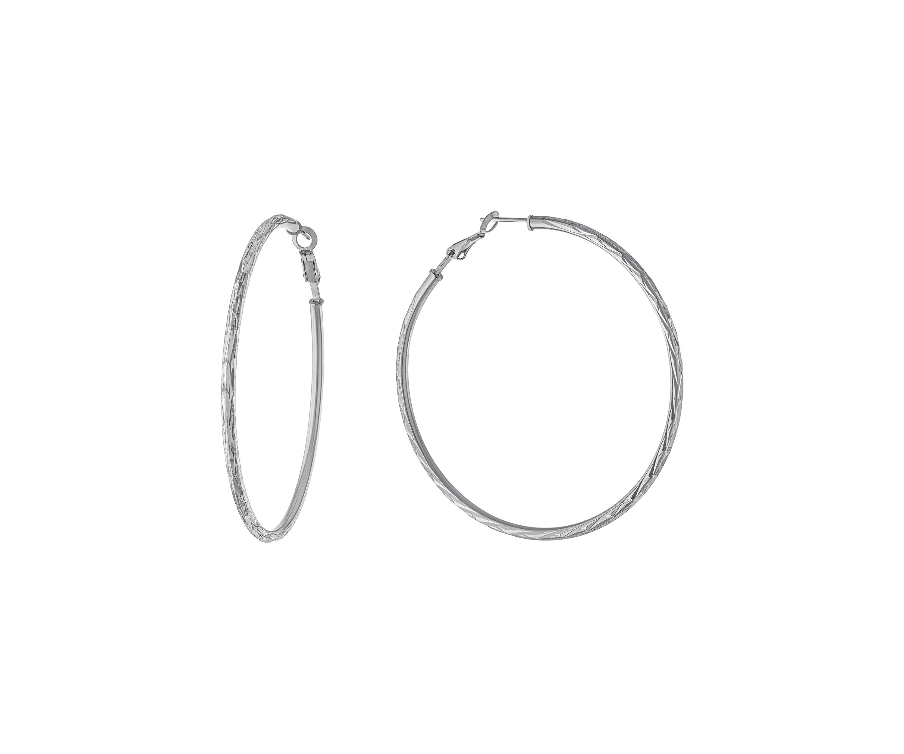  Sterling Silver 2.4" Diamond Cut Hoop Earrings 