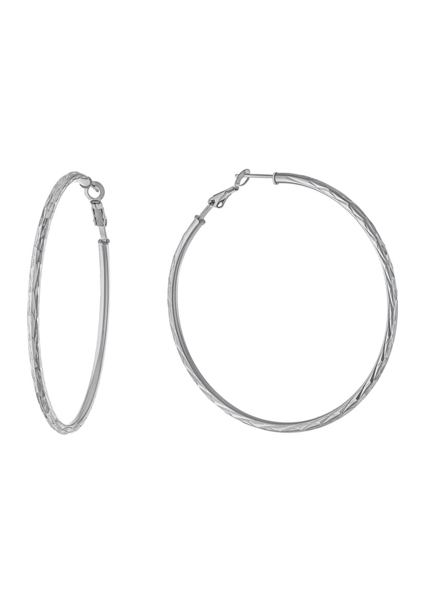  Sterling Silver 2.4" Diamond Cut Hoop Earrings 