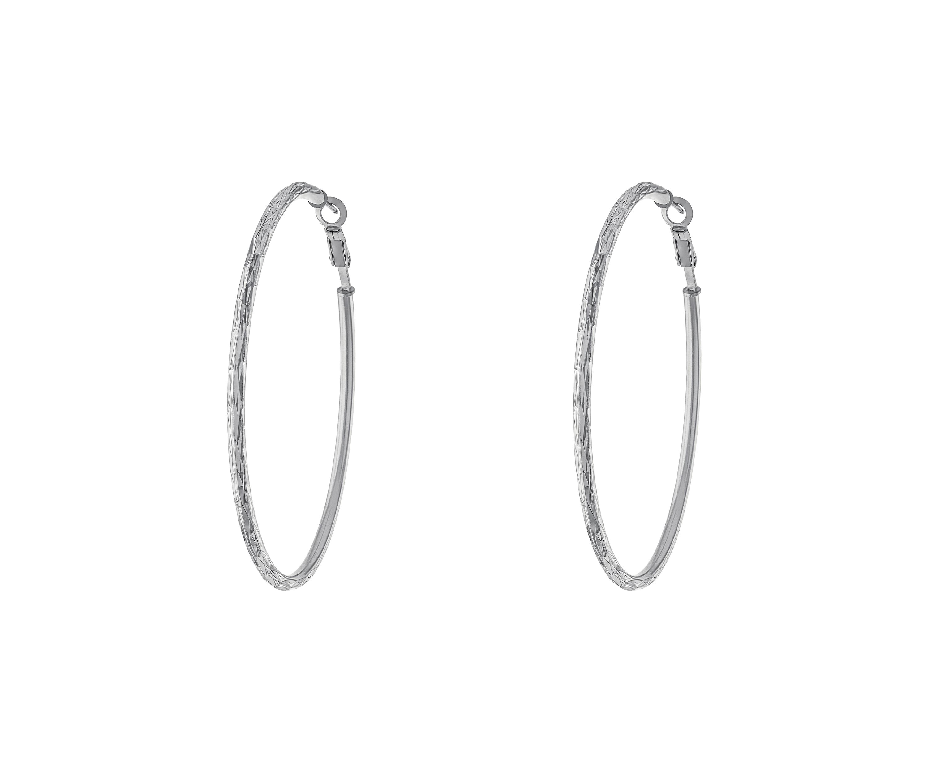  Sterling Silver 2.4" Diamond Cut Hoop Earrings 