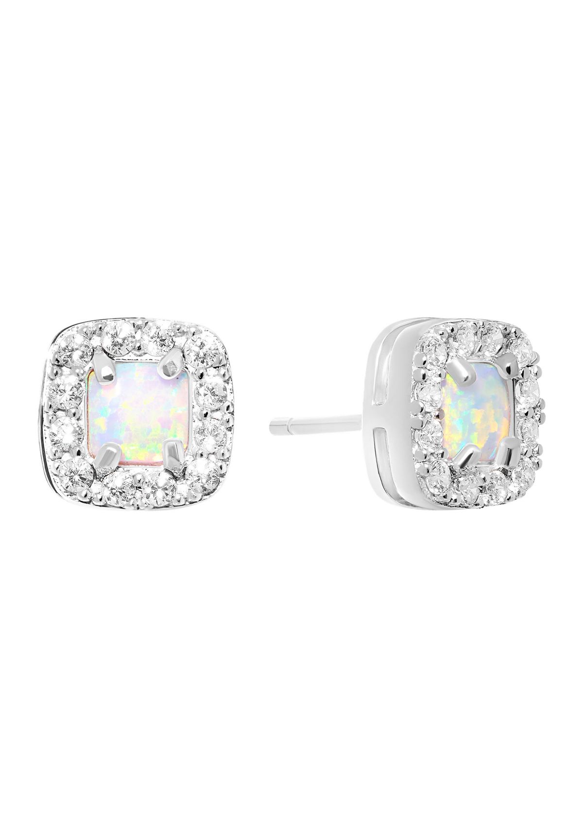 Sterling Silver Square Halo White Topaz Simulated Opal Stud Earrings