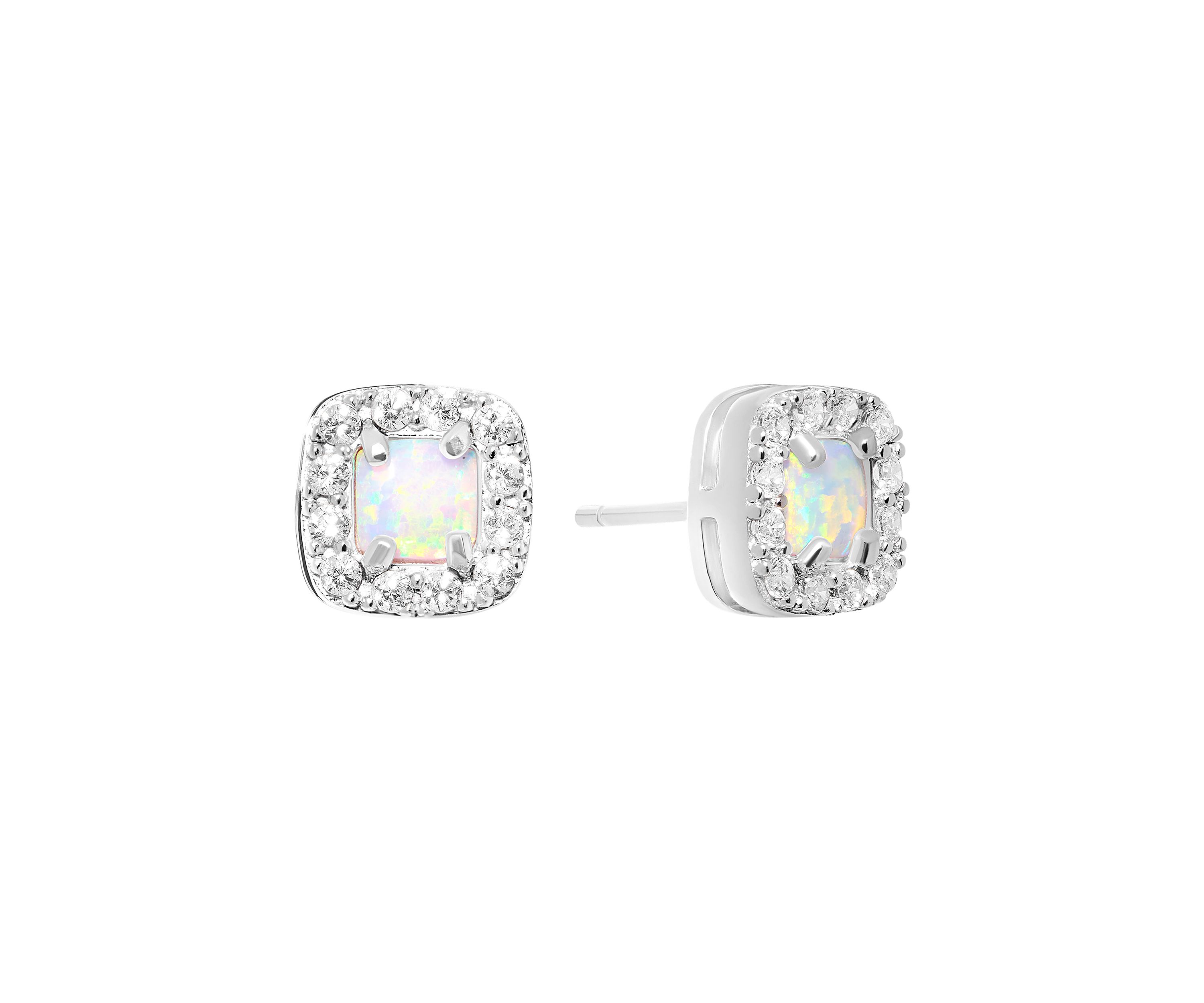 Sterling Silver Square Halo White Topaz Simulated Opal Stud Earrings