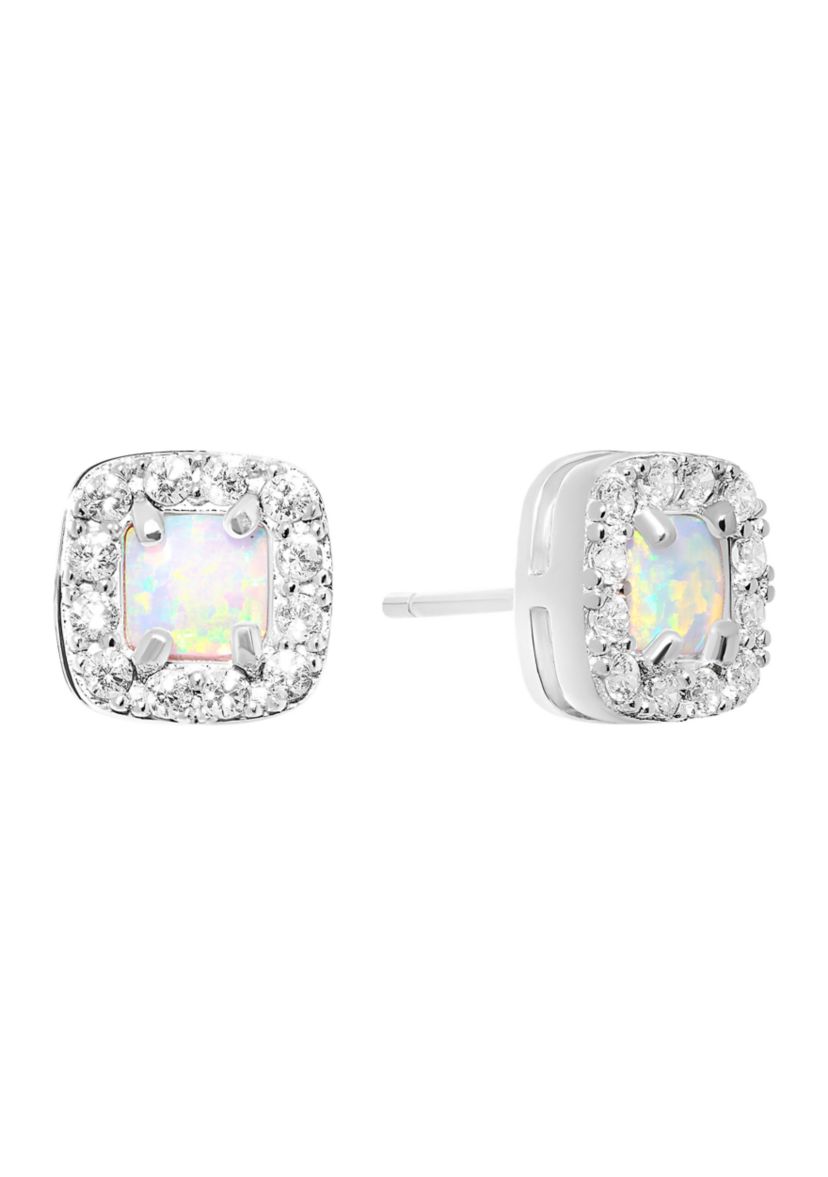 Sterling Silver Square Halo White Topaz Simulated Opal Stud Earrings