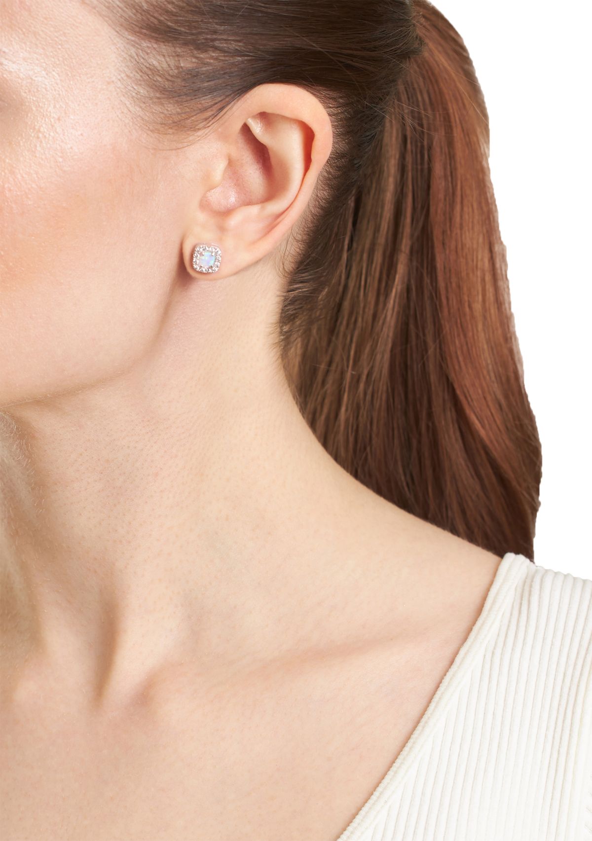 Sterling Silver Square Halo White Topaz Simulated Opal Stud Earrings