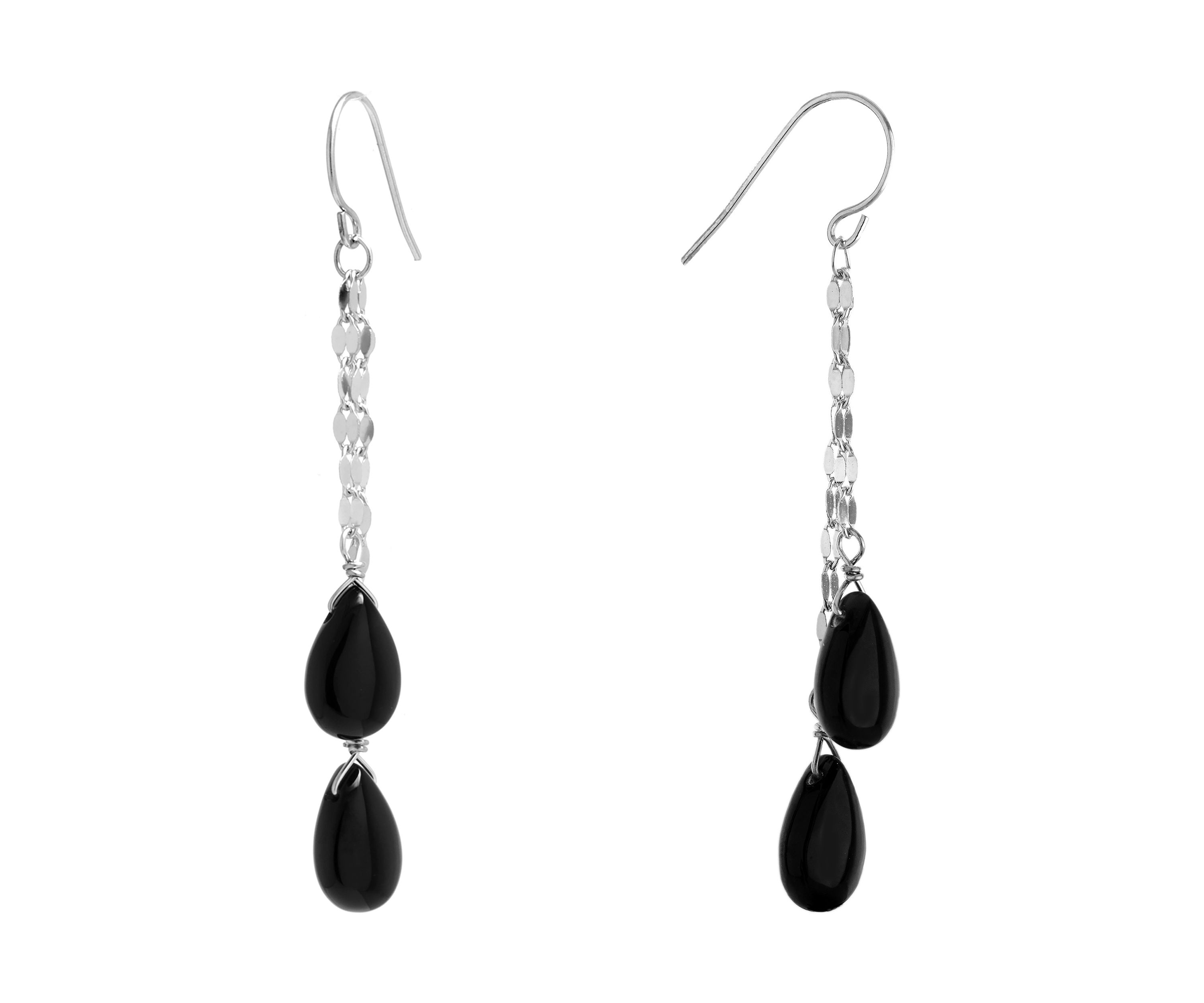 Sterling Silver 2" Double Onyx Teardrop Chain Drop Earrings