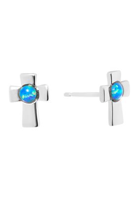 Belk Silverworks Sterling Silver Simulated Blue Opal Cross Stud Earrings