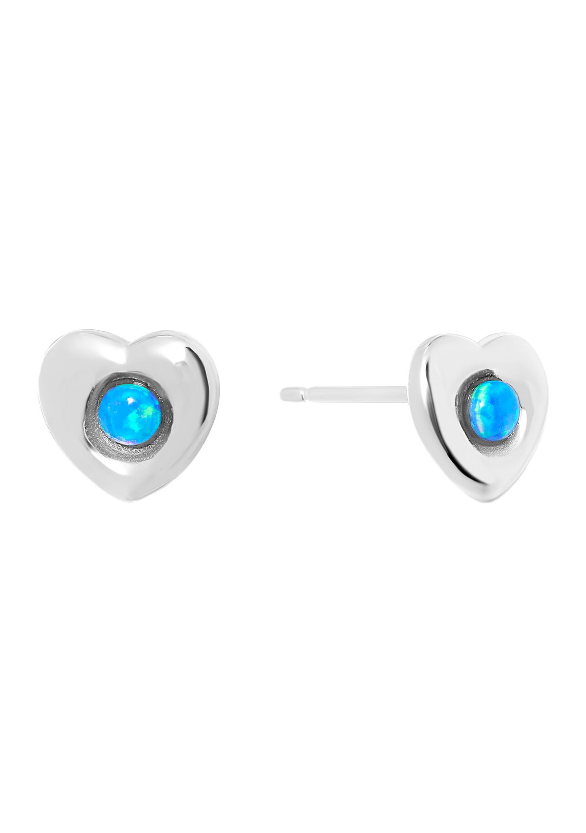 Sterling Silver Simulated Blue Opal Heart Stud Earrings