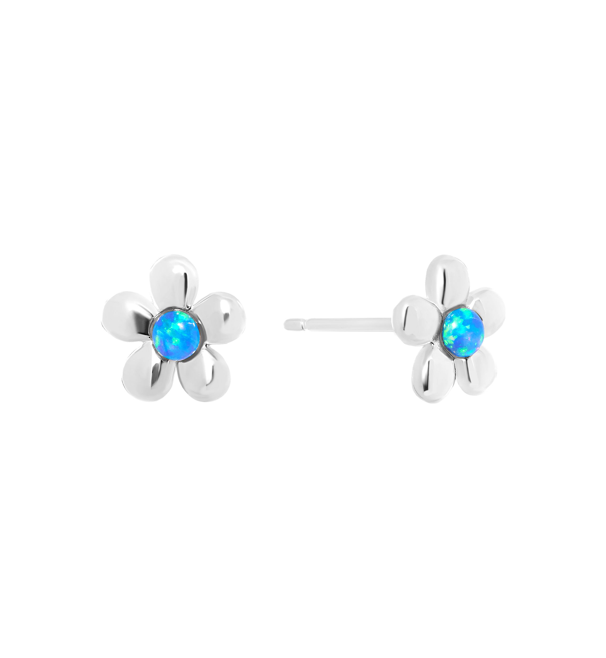 Sterling Silver Simulated Blue Opal Flower Stud Earrings